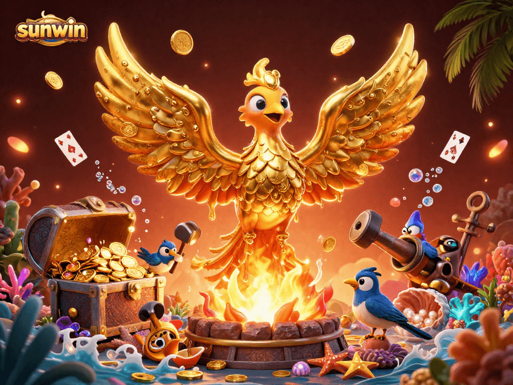 Experience the exciting world of sunwin with a vibrant 3D rendering of golden phoenix and casino elements.