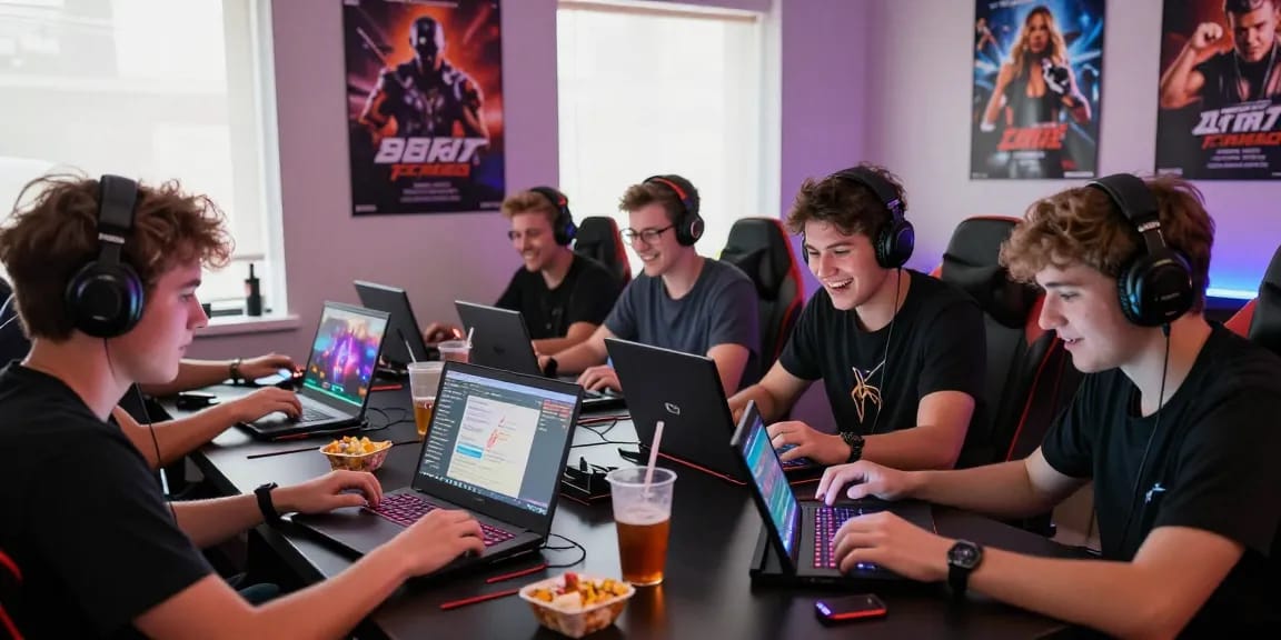 Young adults playing porn games online in an interactive gaming room with vibrant atmosphere.