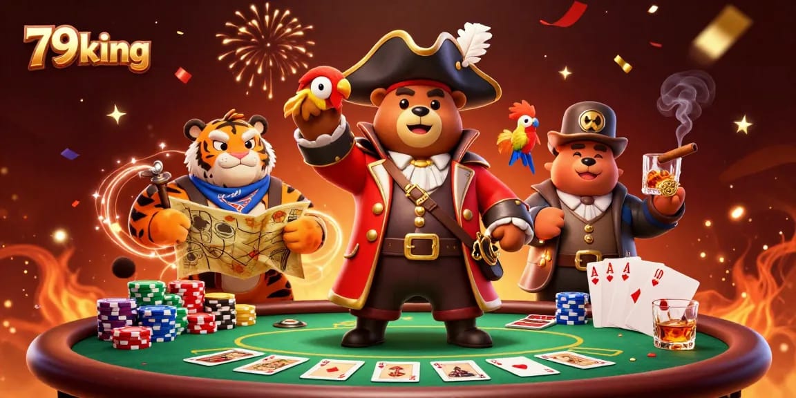 Experience thrilling poker action at 79king with a pirate bear, fierce tiger, and confetti celebration.