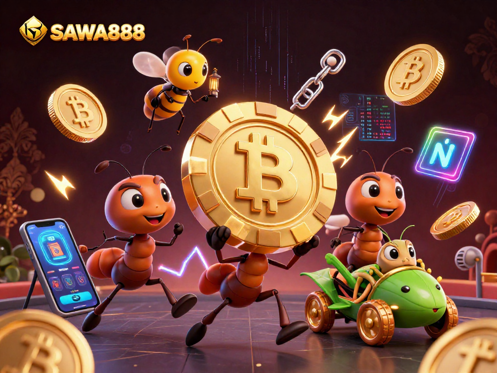 Experience thrilling gameplay at SAWA888 with cartoon ants on a heist, Bitcoin coins glimmering