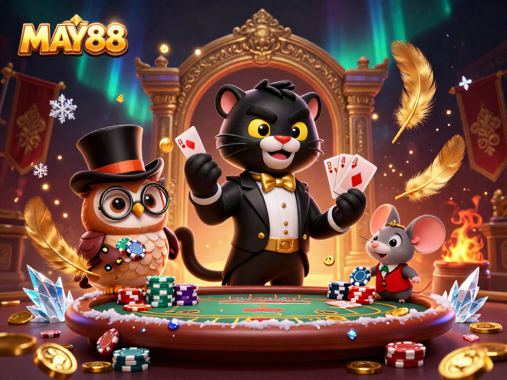 MAY88 showcases the excitement of poker with a stylish panther dealer and his charming companions.