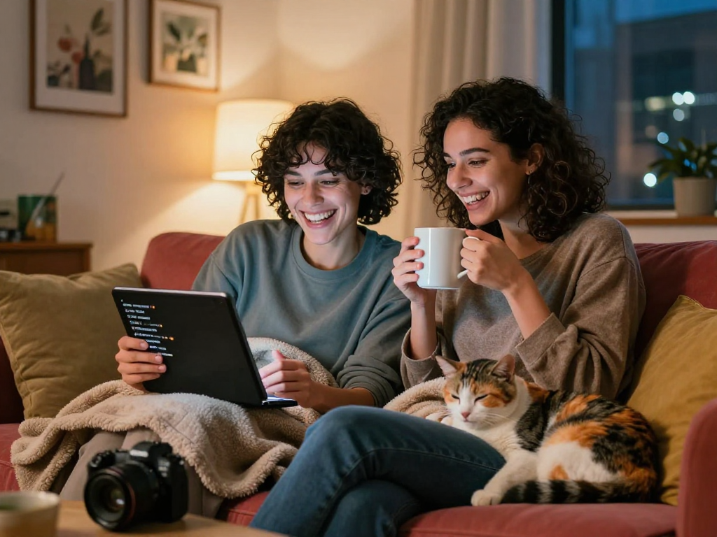 Couple enjoying a sexchat conversation, relaxing at home amidst warm lighting and personal touches.