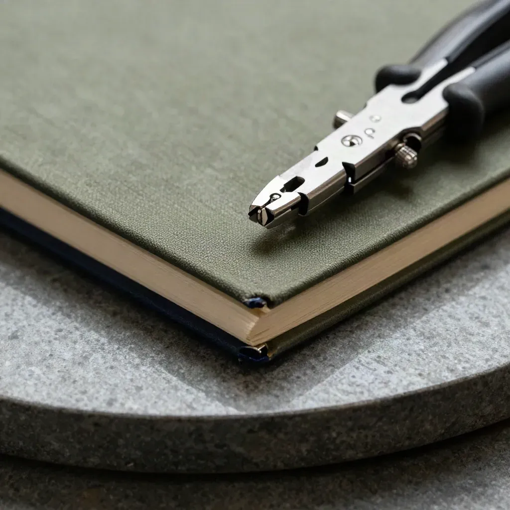 Macro still life of QA tools on stone with notebook and adapter tray