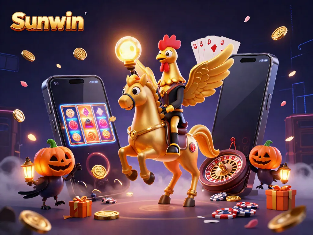 Engage with Sunwin's vibrant casino scene featuring a golden rooster and dynamic game elements.