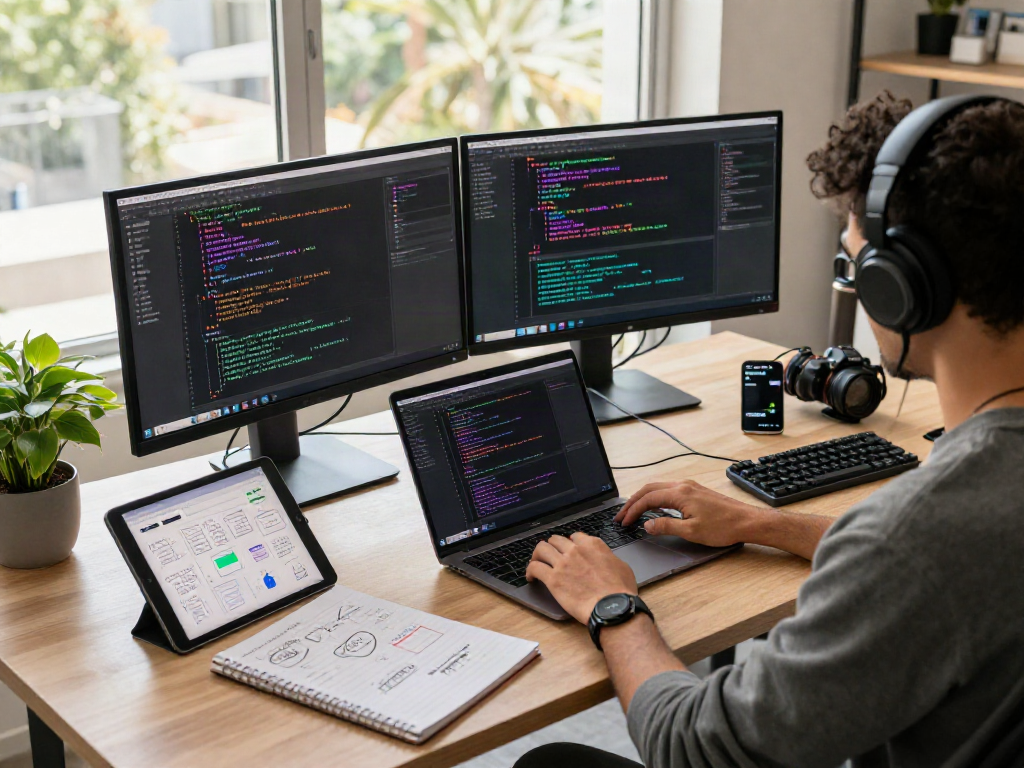 Developer focusing on spicy ai projects in a modern tech workspace with dual monitors.