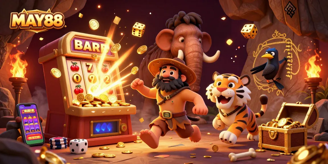 MAY88 jackpot celebration scene featuring animated caveman and sabertooth tiger enjoying casino fun.