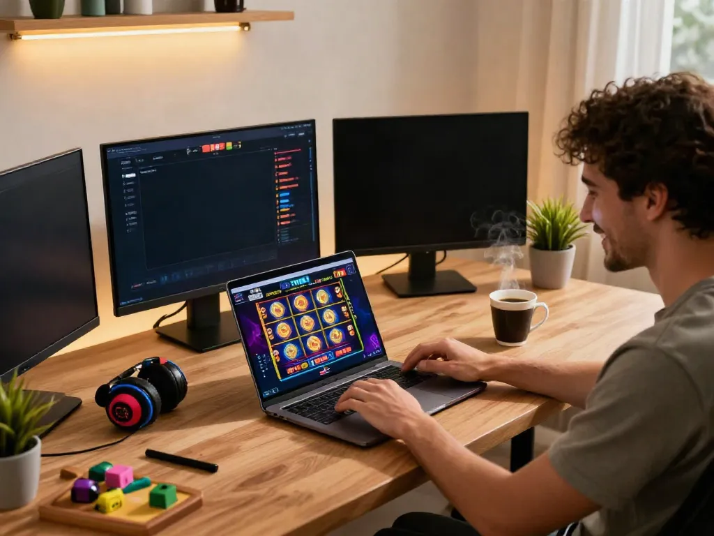 Exciting online gaming experience at trang chủ tx88 with a player enjoying vibrant slot games in a warm modern office.