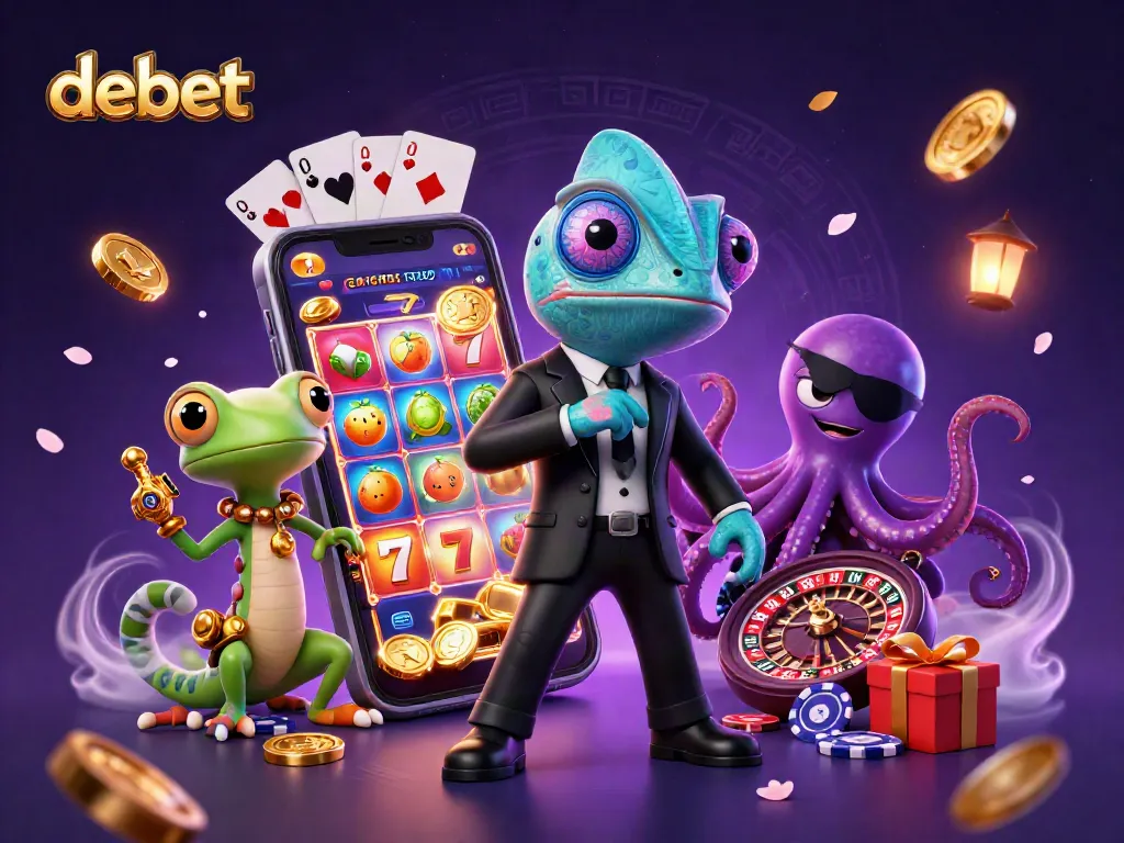 Experience thrilling gameplay with debet in this vibrant 3D casino illustration featuring dynamic characters and games.