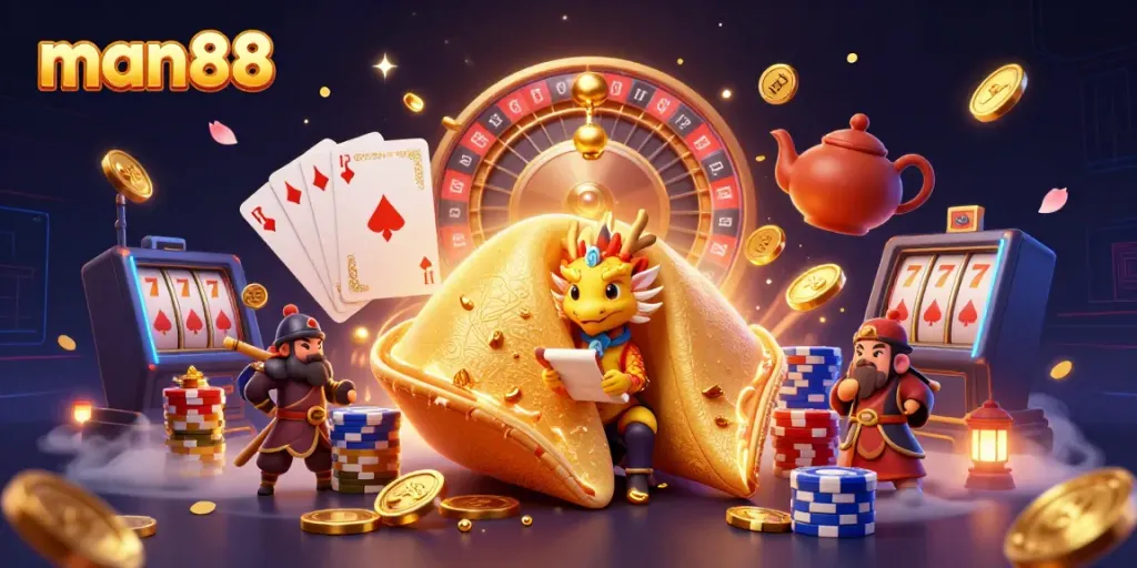 Experience the excitement of man88 with a dynamic 3D casino scene featuring fortune cookies, dragons, and gaming elements.