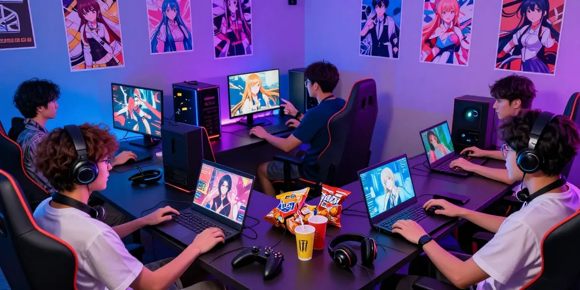 Friends enjoying ecchigames in a lively gaming lounge filled with vibrant character art and energetic atmosphere.