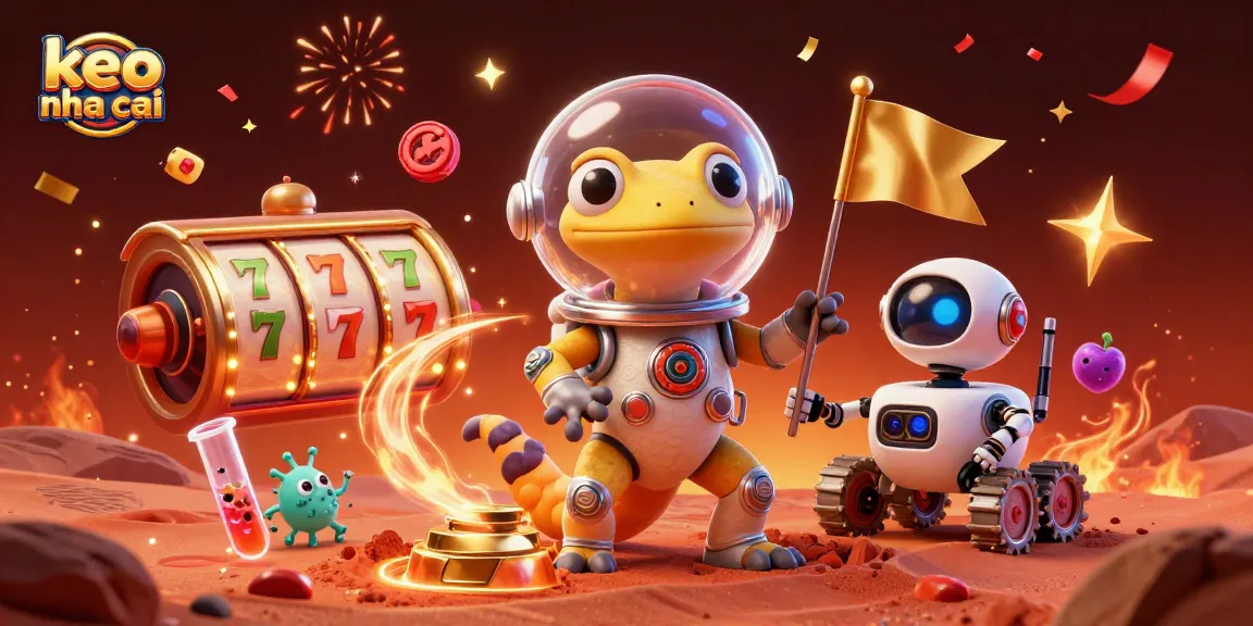 Experience keo nha cai excitement with a Martian gecko discovering a golden casino in space.