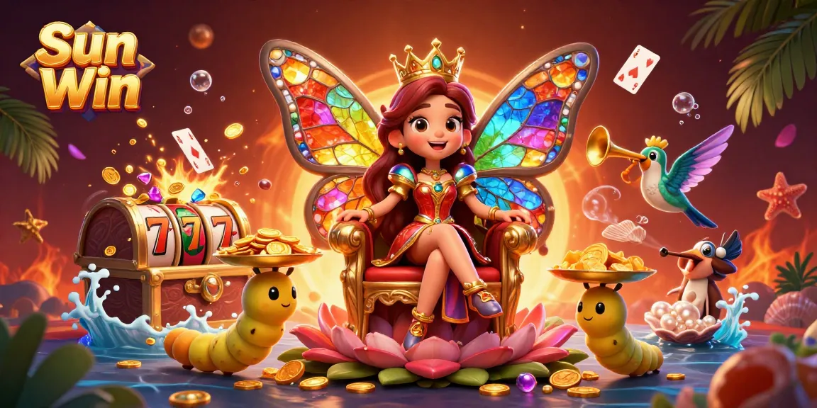 Engage with Sun Win in this vibrant casino-themed digital art featuring a butterfly queen, slot reels, and gold coins.