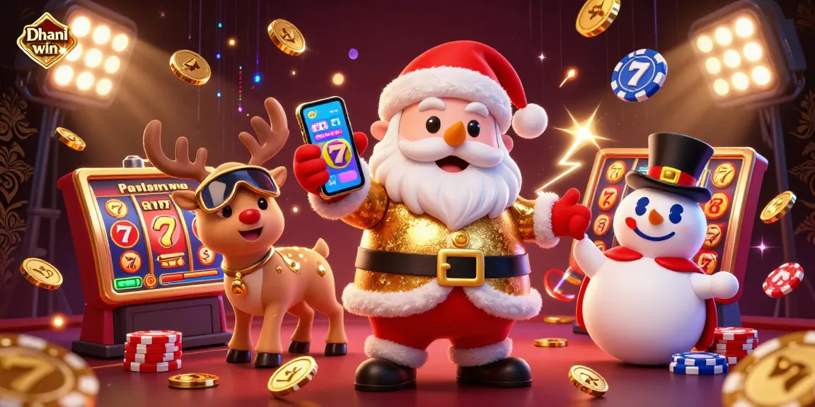 Dhani win brings excitement with Santa at a jackpot slot casino, surrounded by dynamic gaming elements.