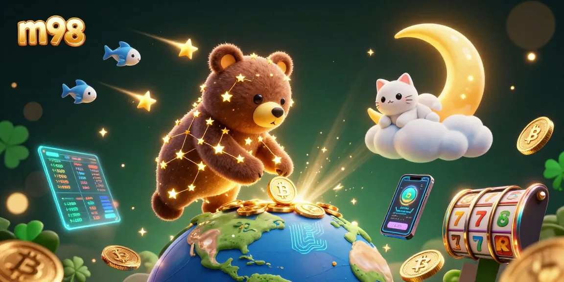 Experience the thrill of m98 with a magical illustration of a constellation bear collecting coins amidst vibrant casino elements.