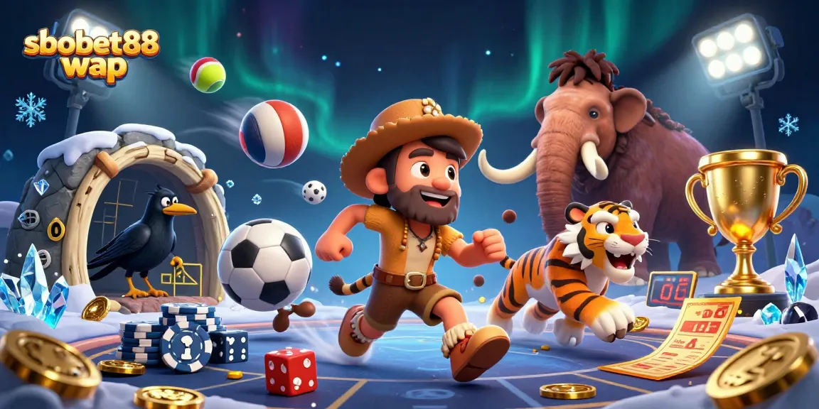 Engage in thrilling sbobet88 wap betting action featuring a dynamic prehistoric casino scene.