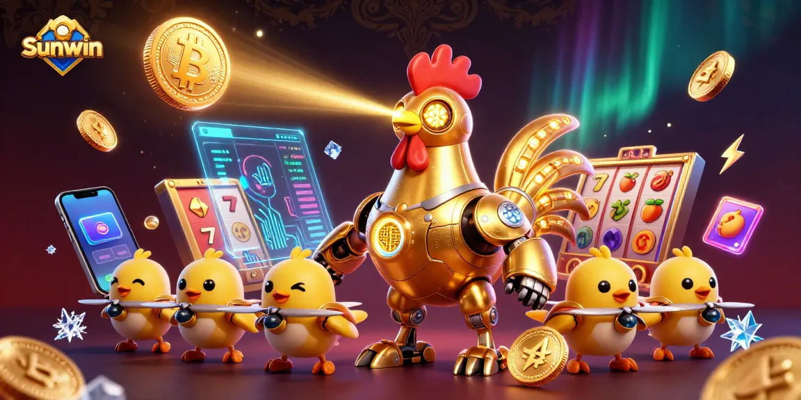 Experience the exciting world of Sunwin, featuring a futuristic golden rooster robot and vibrant slot elements.