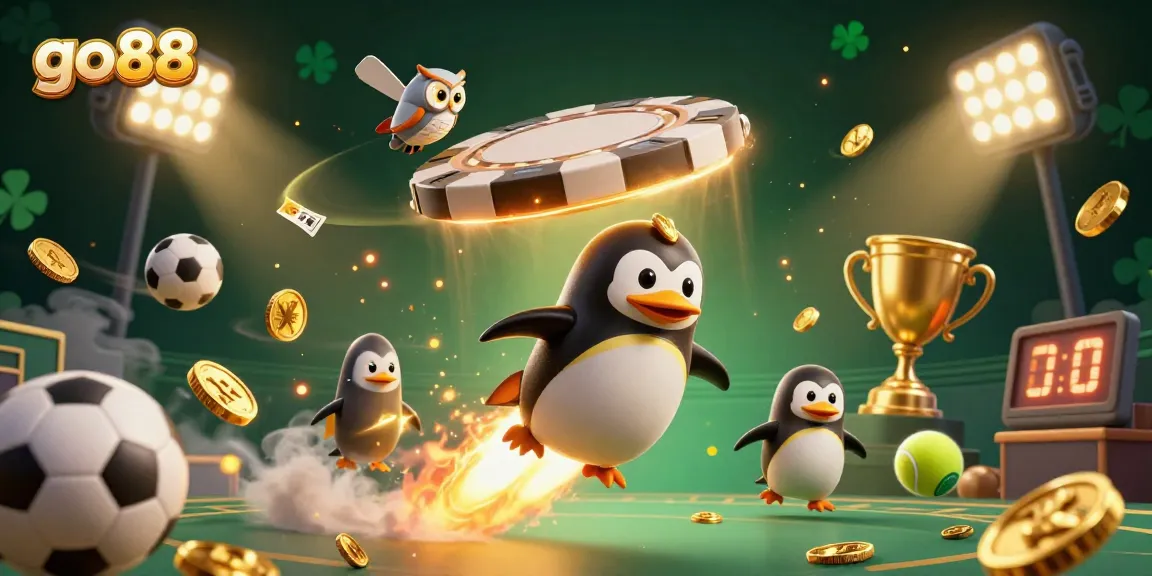 Watch the go88 golden penguin soar through casino-themed cosmos collecting coins and creating excitement.