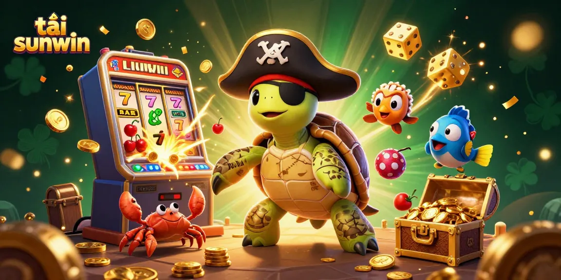 Tải sunwin and experience animated casino joy with a turtle, crab, and parrotfish among vibrant slot machines.