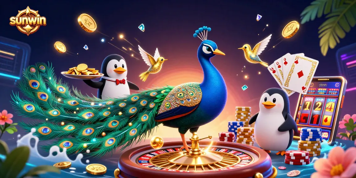 Experience sunwin casino thrills with a colorful 3D illustration of a peacock, penguin, and hummingbird in action, showcasing vibrant casino elements.