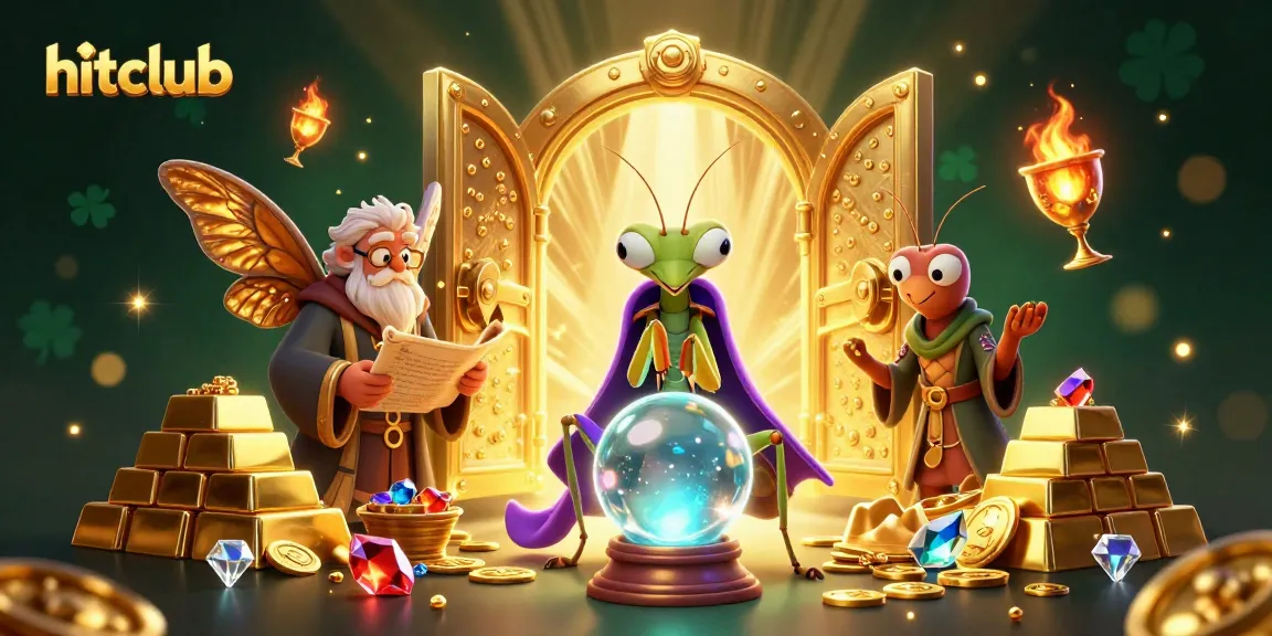 Hitclub players explore abundant treasure in a mystical gaming world with vibrant 3D characters.